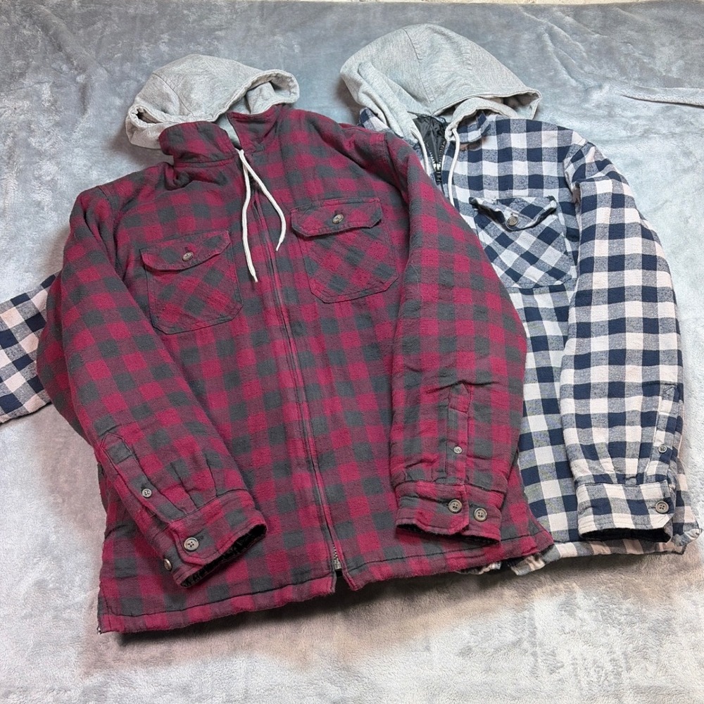 Faded Glory Mens Quilted Flannel Hooded Shirt Jacket Lot 2 Merlot Navy Small